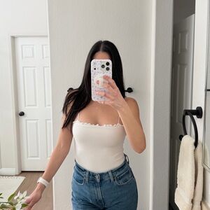 Women’s White Ruffle-Trim Ribbed Thong Bodysuit